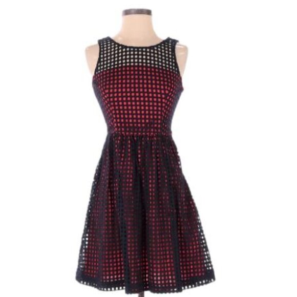 Banana Republic Eyelet Fit and Flair Red Dress With Navy Overlay Size 2 Petite - Picture 1 of 6